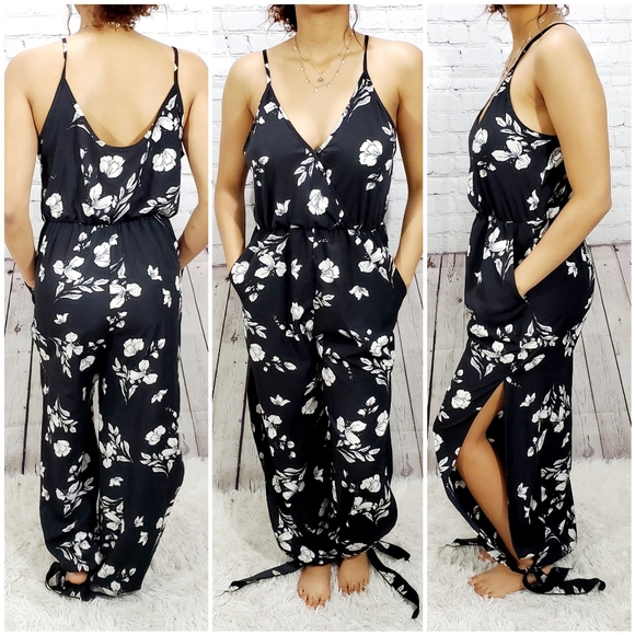 Pants - Boutique  black floral jumpsuit open legs XL-LRG